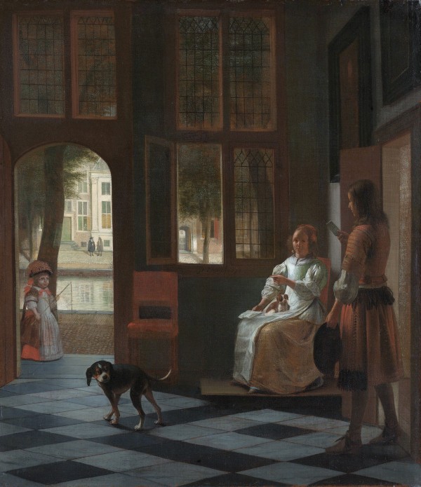 Man hands a letter to a woman in hall by Pieter de Hooch